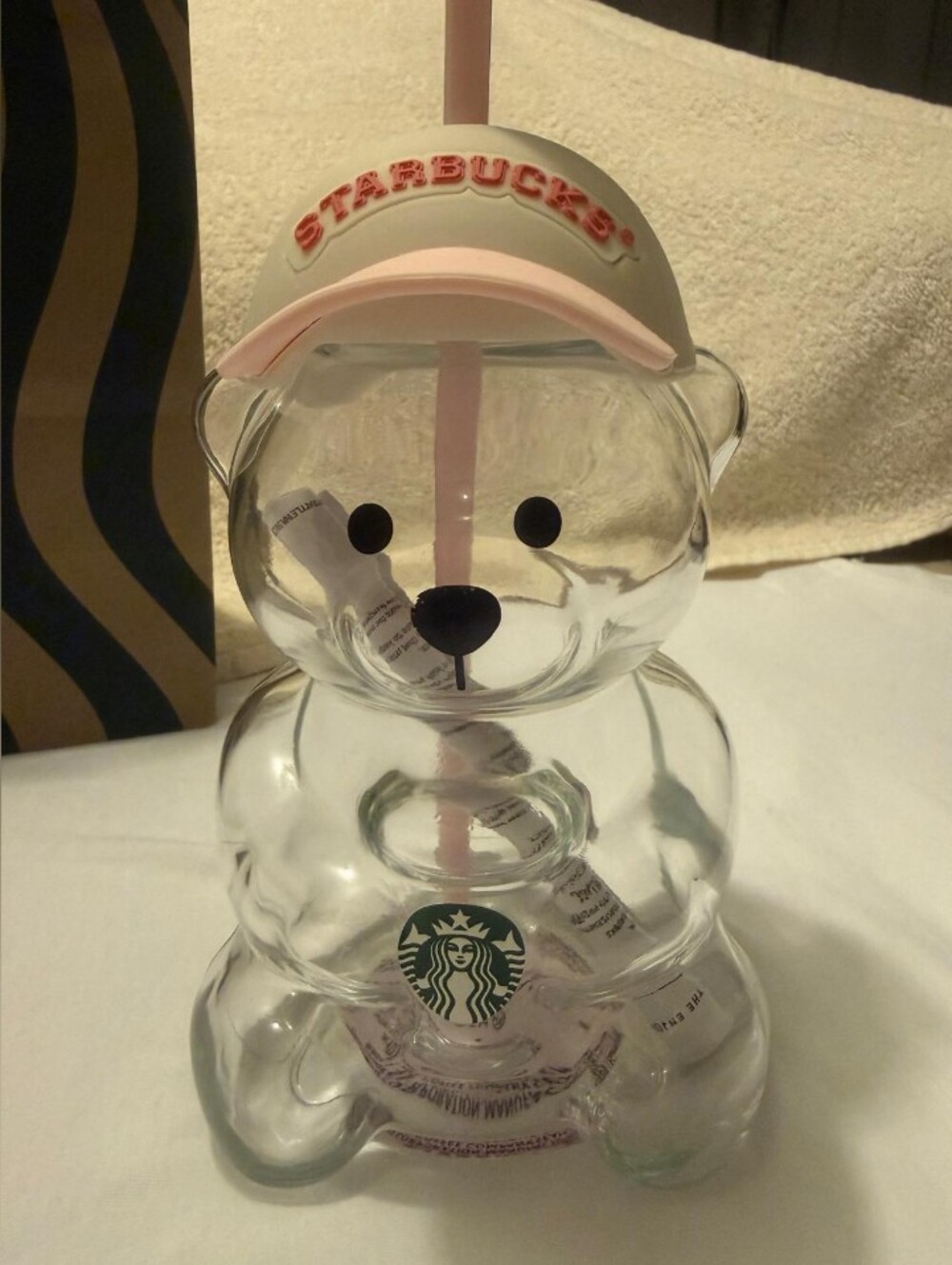 Starbucks Clear Bear Cup with Pink Straw and Hat